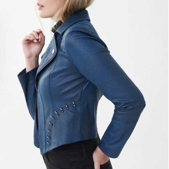 Joseph Ribkoff Studded Vegan Leather Jacket Blue - Picture 2 of 11